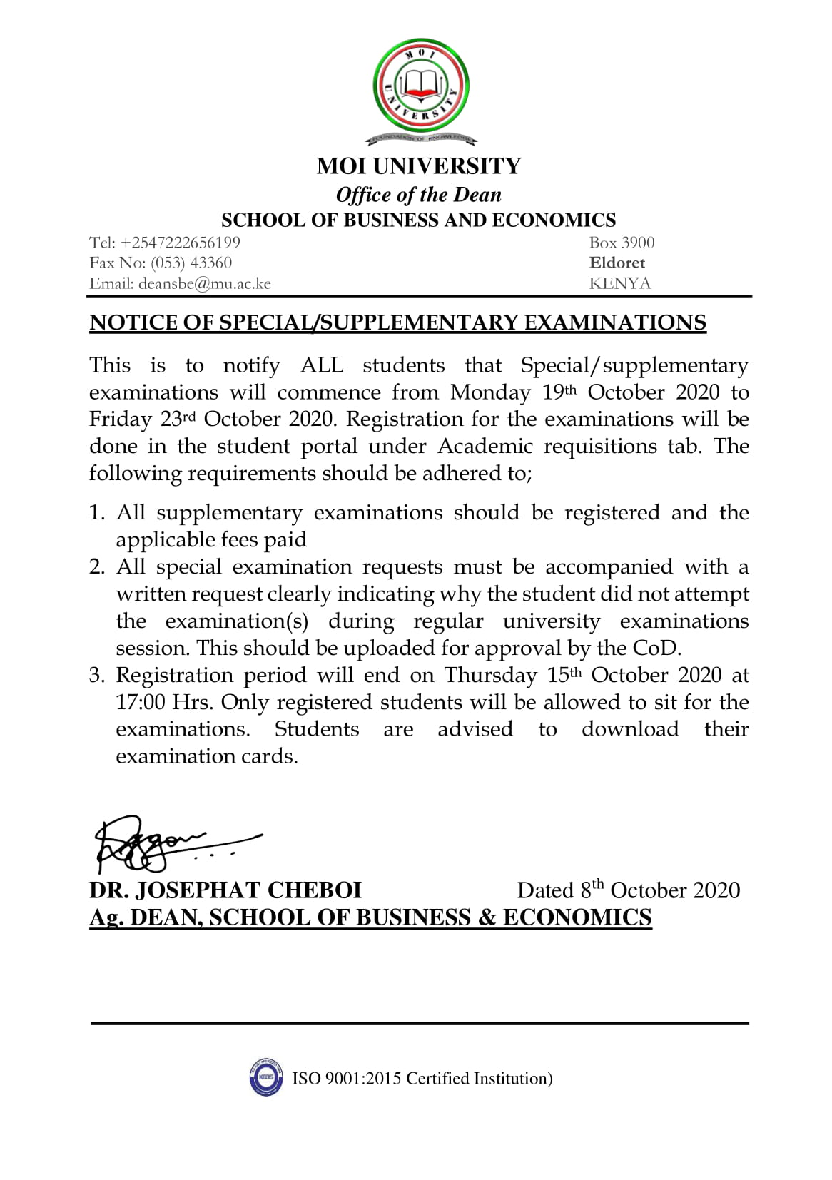Notice of Special Supplementary Exams October 2020